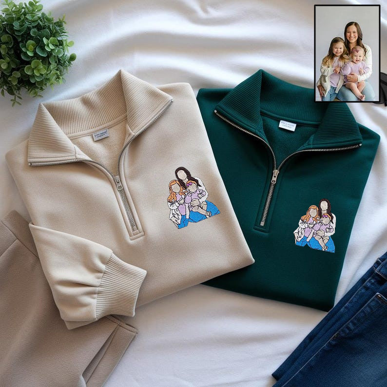 Custom Embroidered Mom Portrait Quarter Zip Sweatshirt | Mother's Day Gift