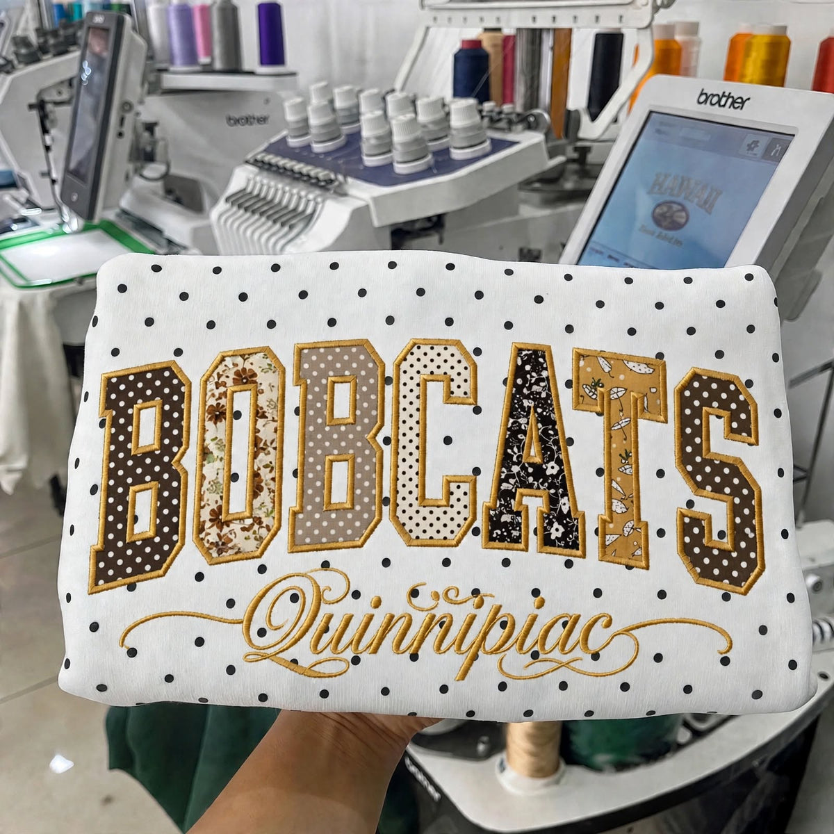 Custom College Hockey Team Patchwork Embroidered Polka Dot Sweatshirt | Hockey Fan Game Day Gear