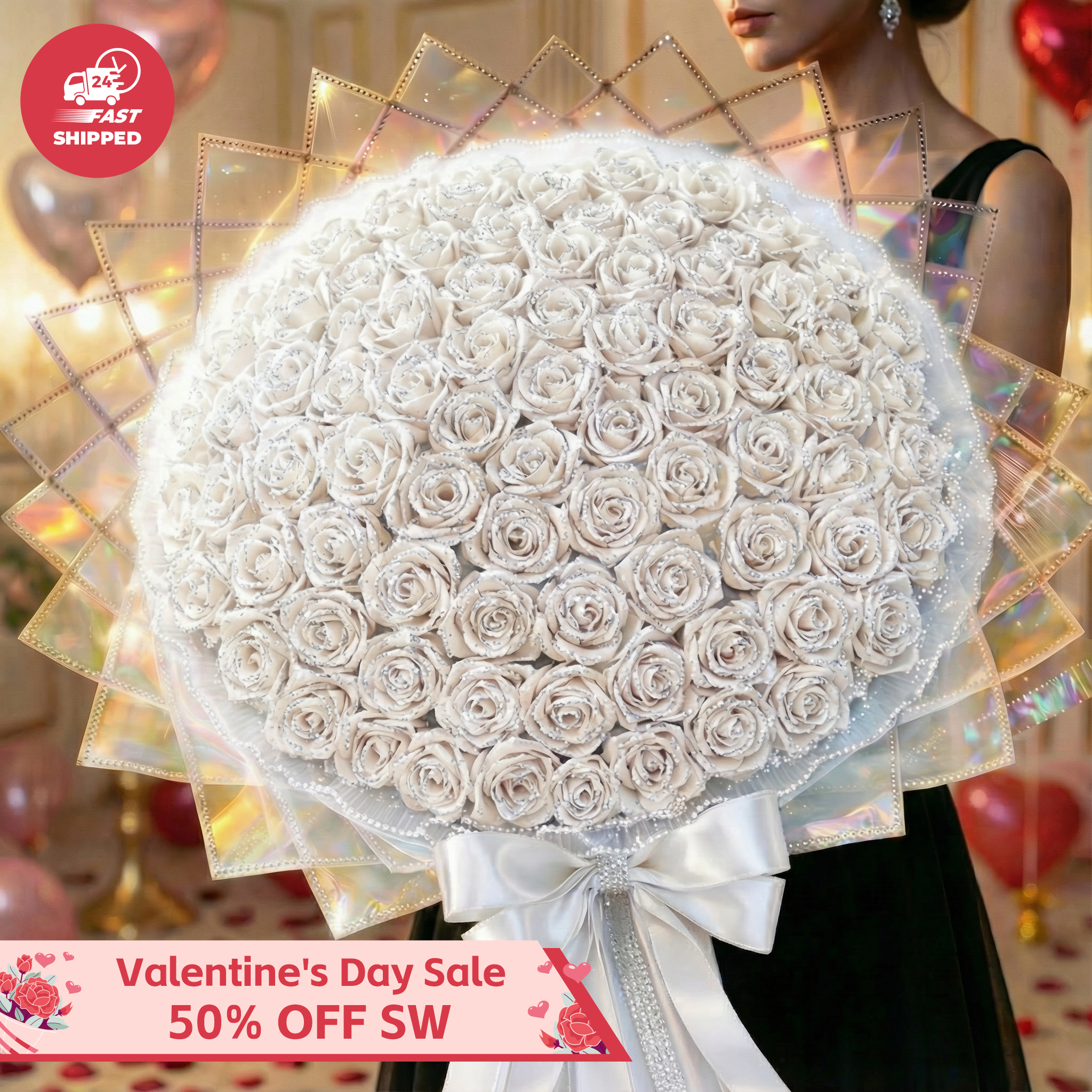 💕Glitter White Rose Bouquet💕 - An Ideal Expression of Love(Ships Within 24 Hours - Buy More Save More) | Valentines Flower Couple Anniversary Gift