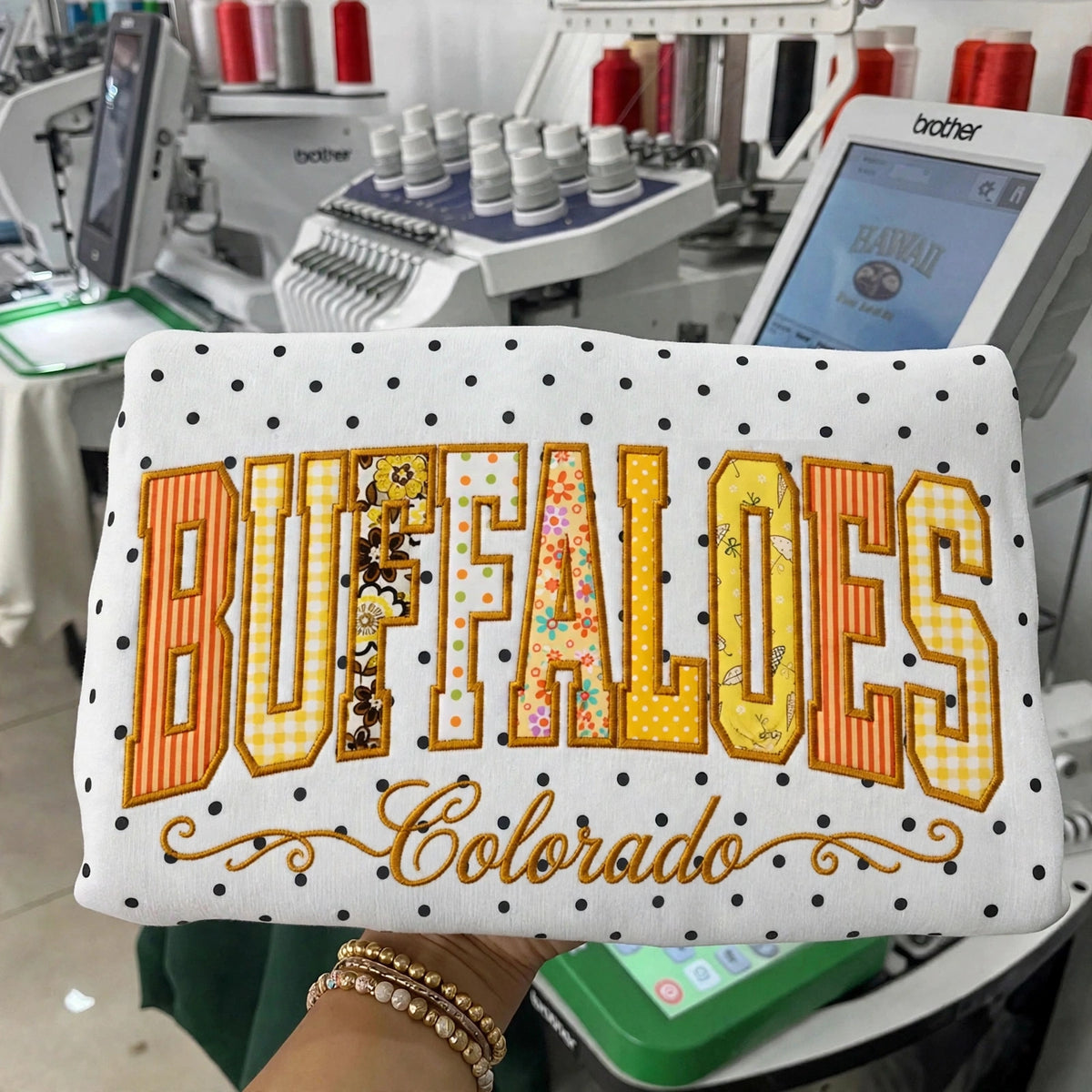 Custom College Football Team Patchwork Fabric Embroidered Polka Dot Sweatshirt Team and School Name Applique Varsity Letters | Game Day Wear