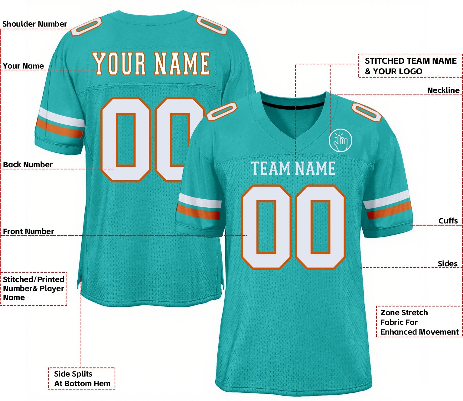 Custom Aqua White-Orange Mesh Classic Style Authentic Sports Football Jersey