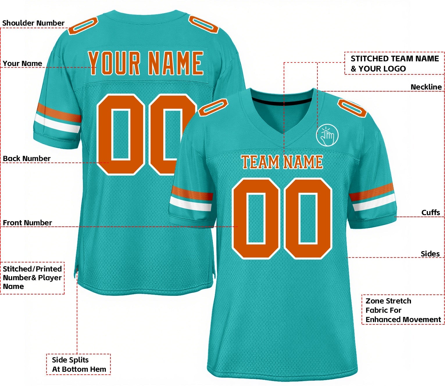 Custom Aqua Texas Orange-White Mesh Classic Style Authentic Sports Football Jersey