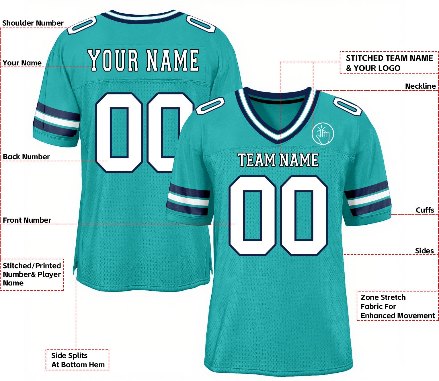 Custom Aqua White-Navy Mesh Classic Style Authentic Sports Football Jersey