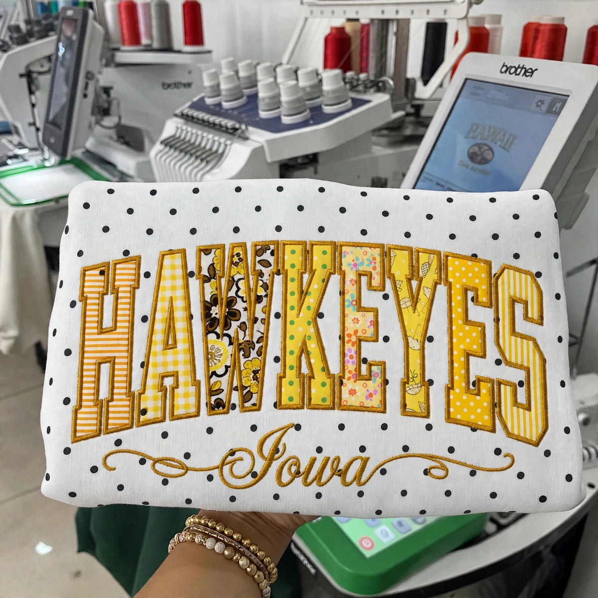 Custom College Football Team Patchwork Fabric Embroidered Polka Dot Sweatshirt Team and School Name Applique Varsity Letters | Game Day Wear