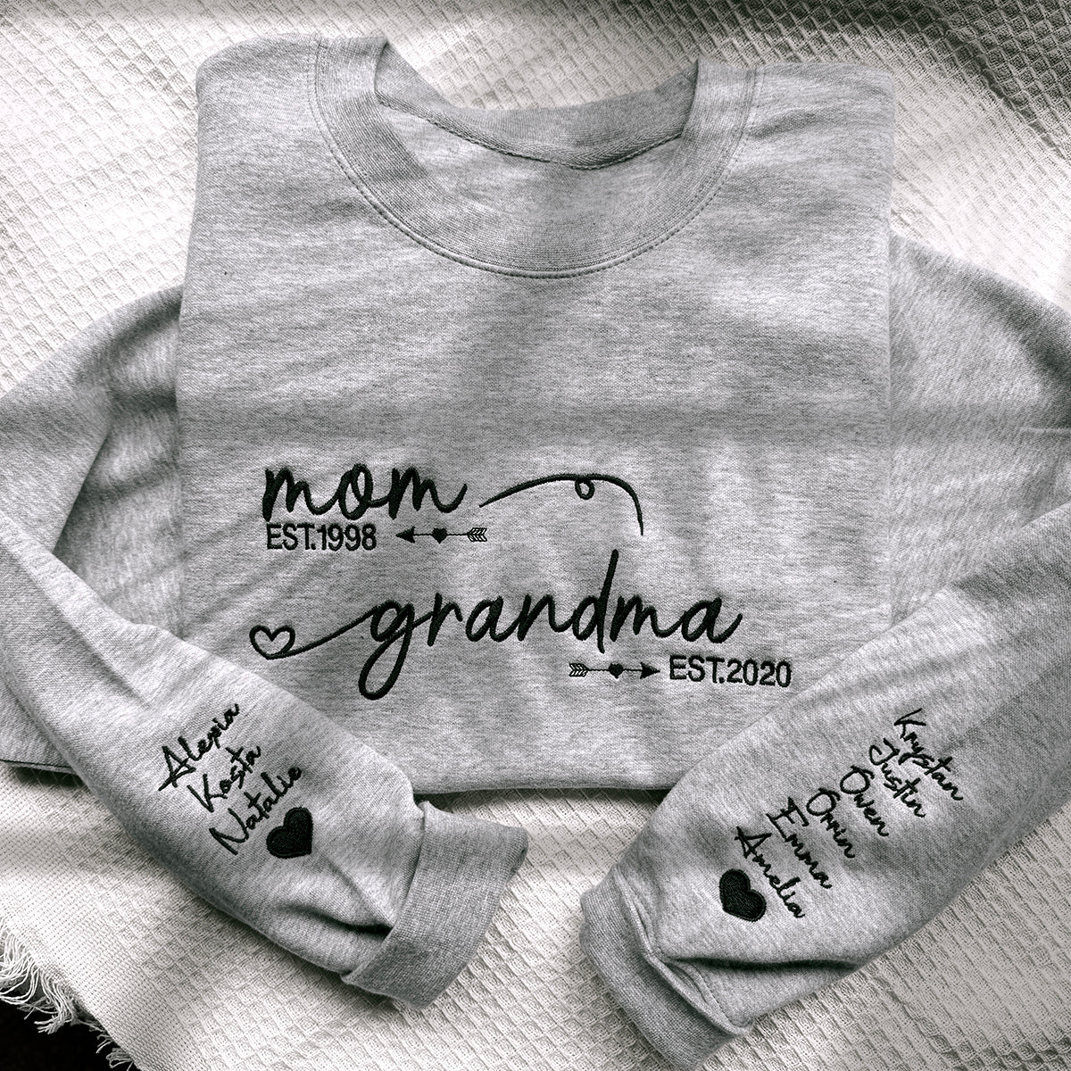 Custom Embroidered From Mom to Grandma Sweatshirt with Kids Names on Sleeves