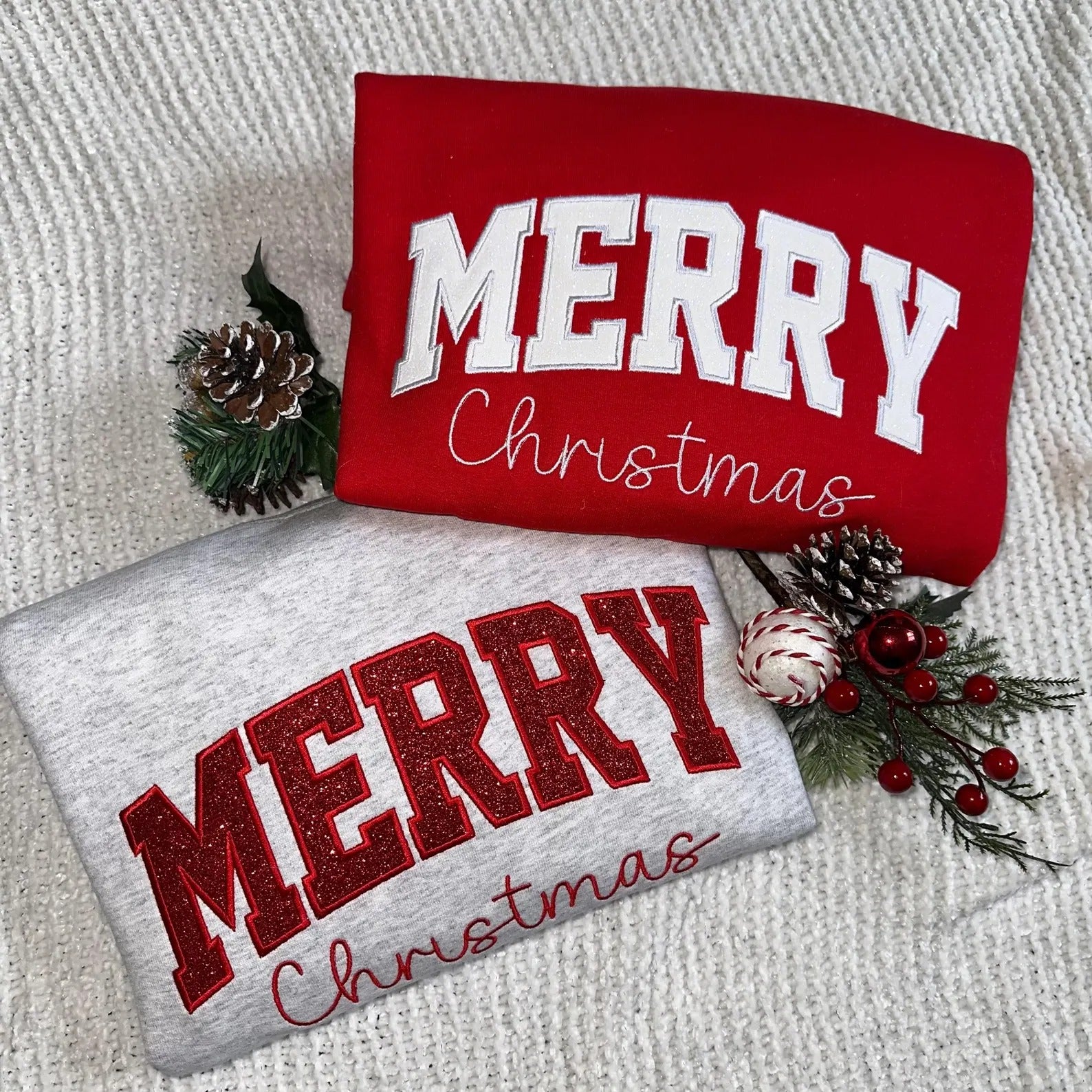 Merry Christmas Appliqué Embroidered Sweatshirt Glitter Gift Holiday Red Grey Holiday Crewneck Embroidery