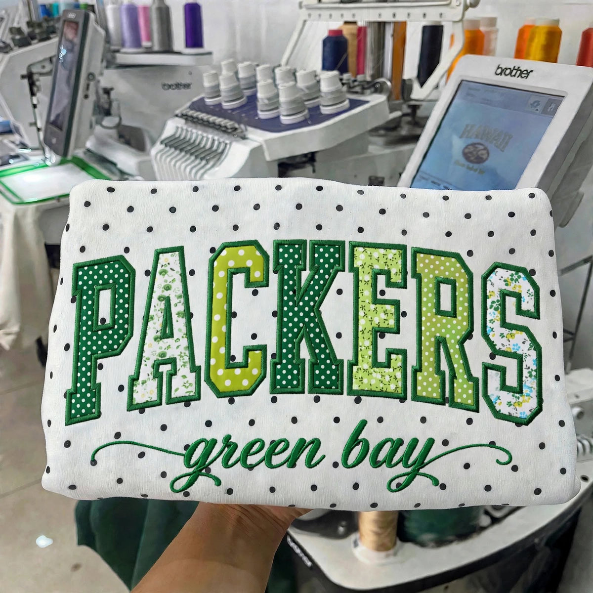 Custom Patchwork Fabric Embroidered Football Team Polka Dot Sweatshirt Game Day Wear