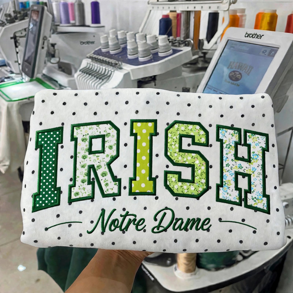 Custom College Football Team Patchwork Fabric Embroidered Polka Dot Sweatshirt Team and School Name Applique Varsity Letters | Game Day Wear