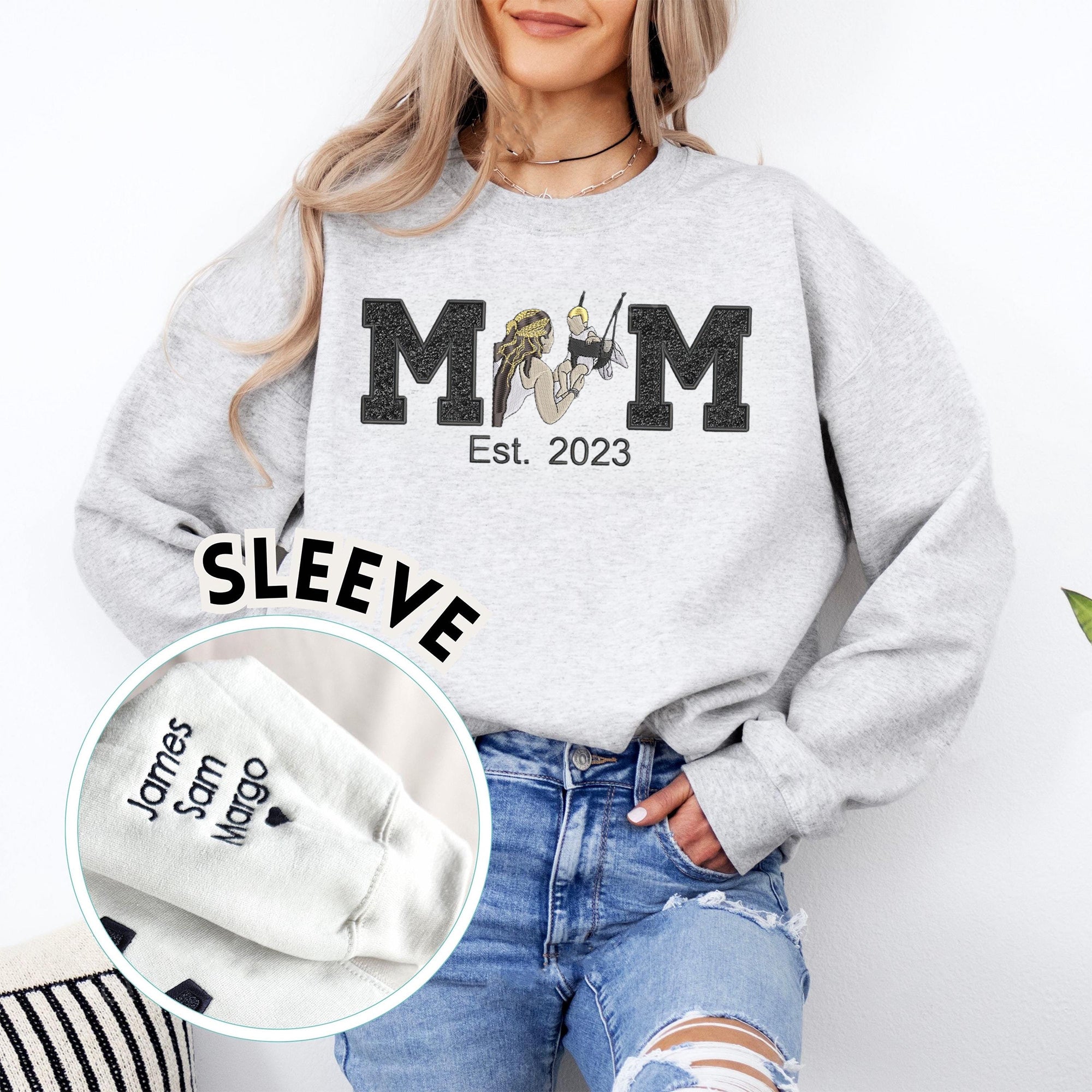 Custom Embroidered Mama Portrait Glitter Sweatshirt with Date and Kids Name | Mother's Day Gift