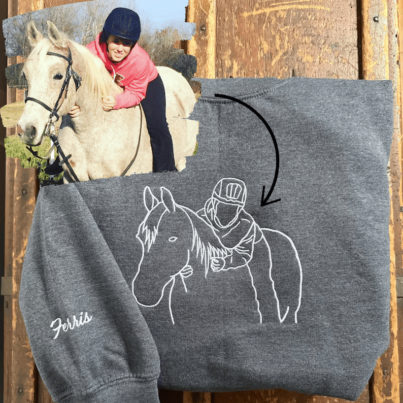 Custom Embroidered Horse Outline Portrait Photo Sweatshirt - Personalized Photo of You & Your Horse