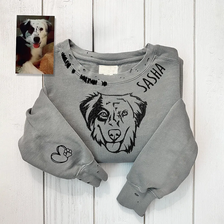 Custom Pet Face Outline Embroidered Hand Distressed Sweatshirt | Vintage Dog Portrait Hoodie
