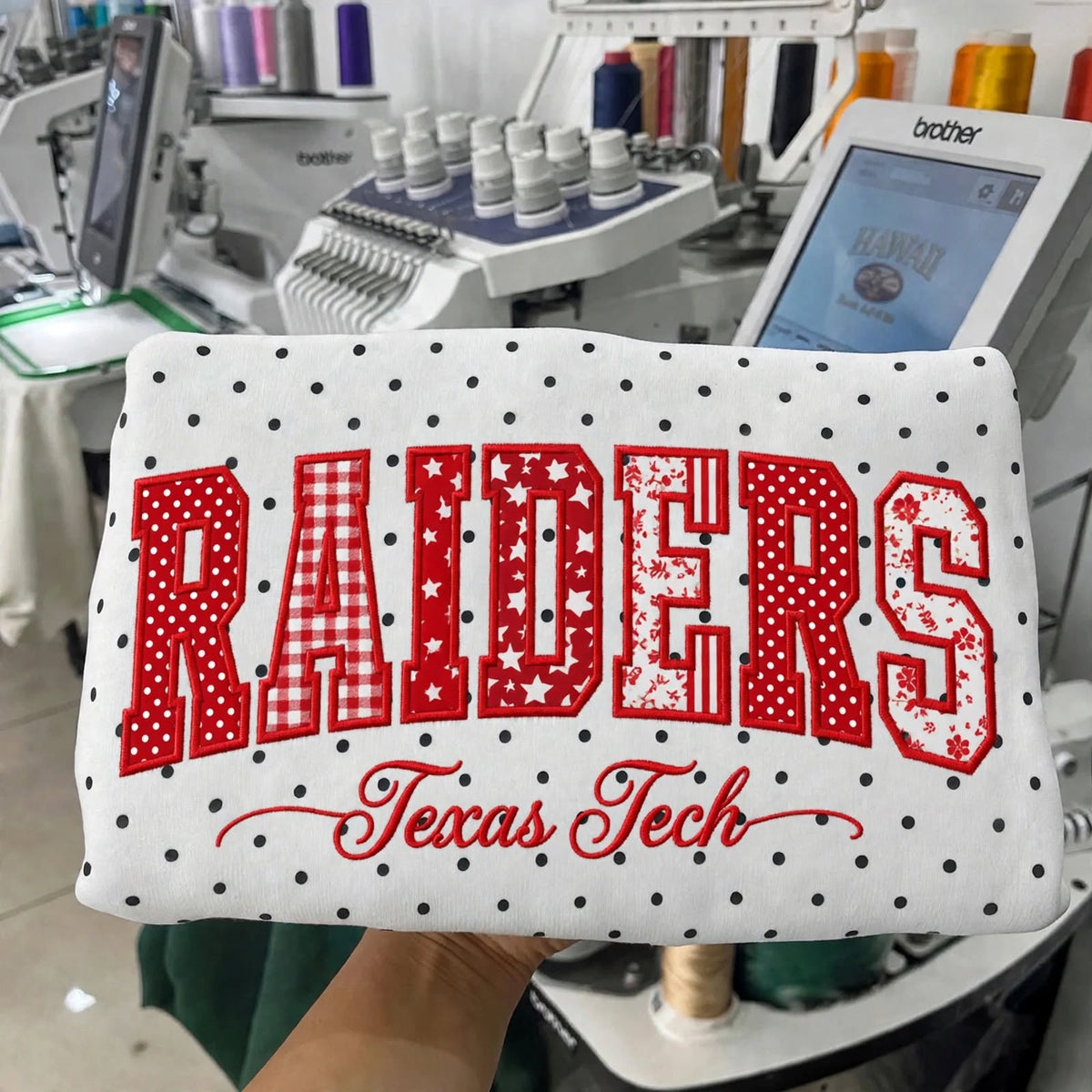 Custom College Football Team Patchwork Fabric Embroidered Polka Dot Sweatshirt Team and School Name Applique Varsity Letters | Game Day Wear