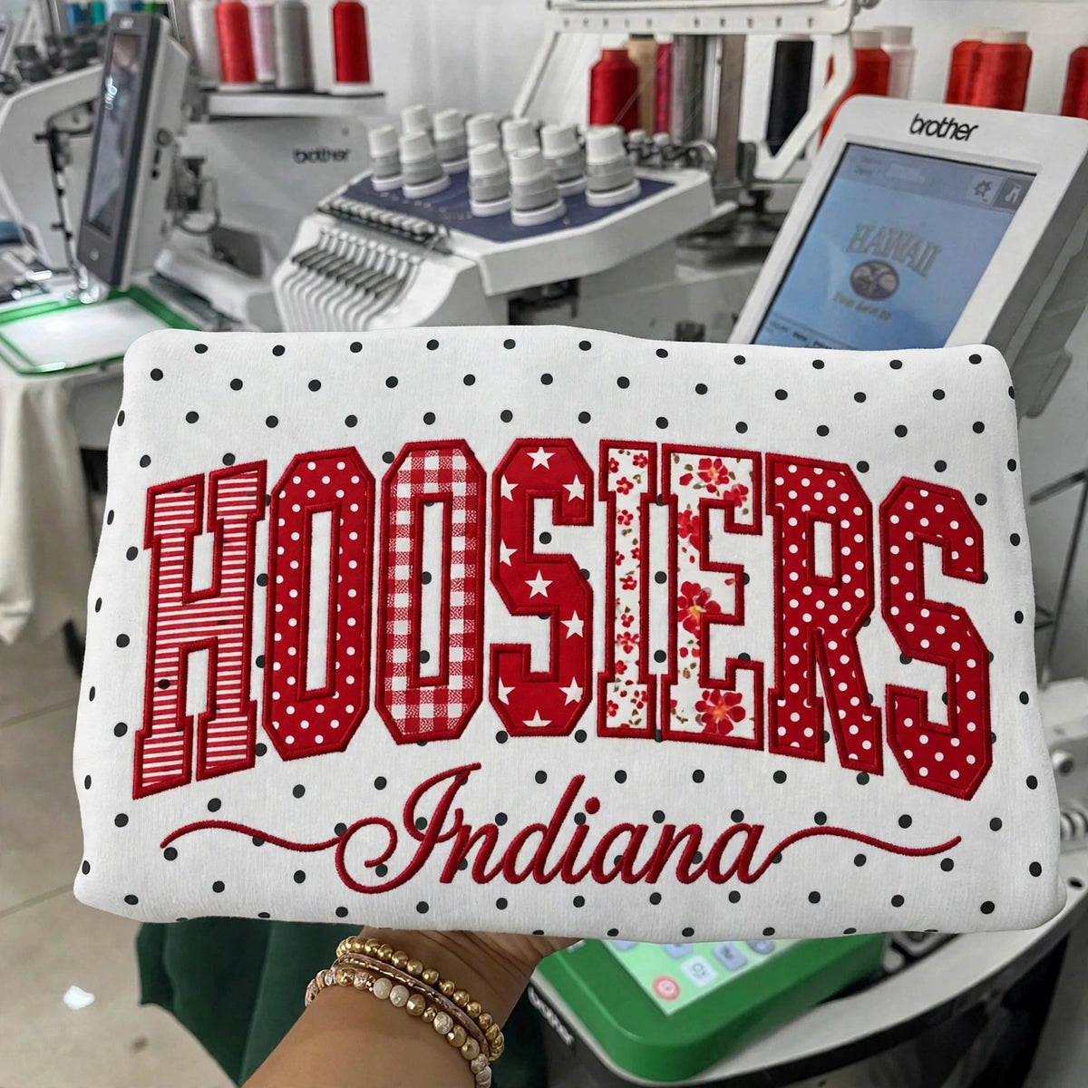 Custom College Football Team Patchwork Fabric Embroidered Polka Dot Sweatshirt Team and School Name Applique Varsity Letters | Game Day Wear