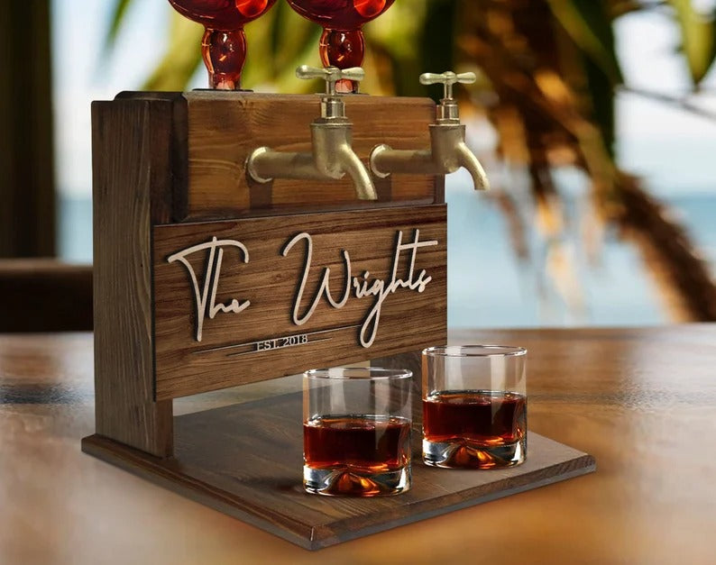 Personalized Embossed Family Name Wooden Double Faucet Whiskey Dispenser, Home Bar, Bar Decor, Wine, Vodka, Alcoholic Drink Fountain