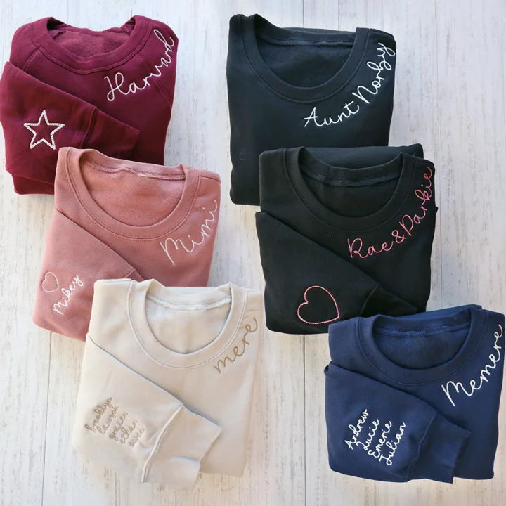 Custom Vintage Embroidered Crew Neck Sweatshirt With Kids Name on Sleeve