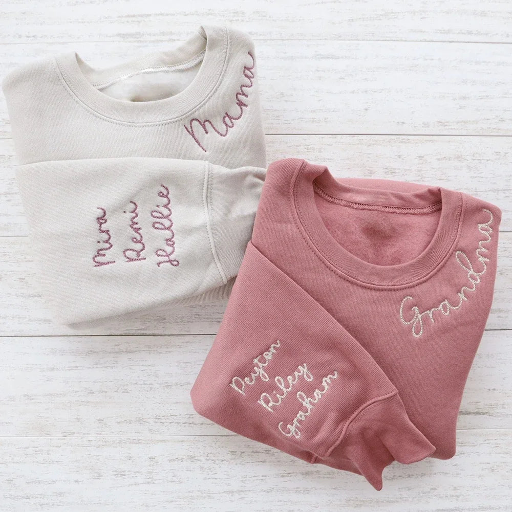 Custom Vintage Embroidered Crew Neck Sweatshirt With Kids Name on Sleeve