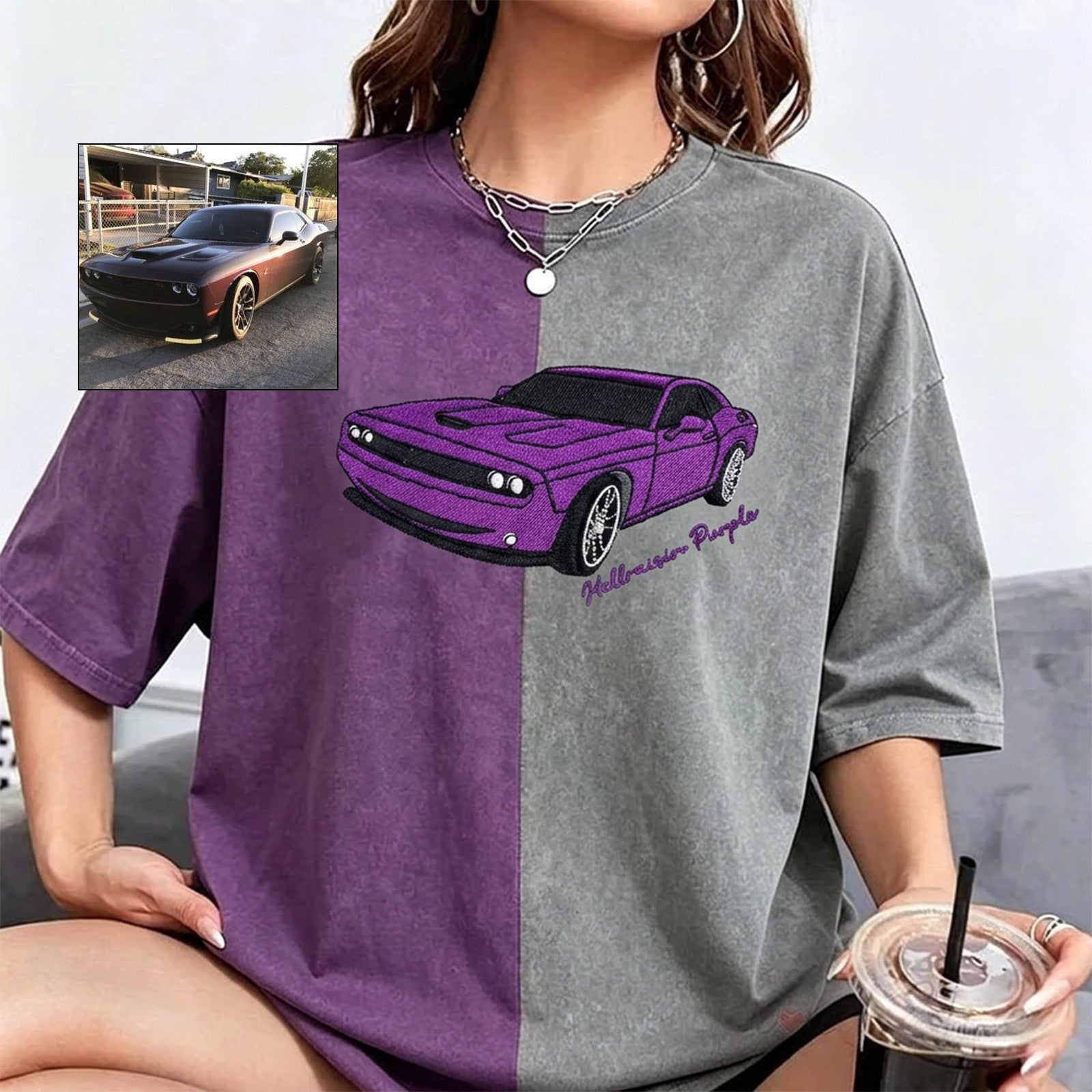 Custom Full-Color Car Two Tone Embroidered Vintage Washed T-Shirt – Personalized Car Photo Gift