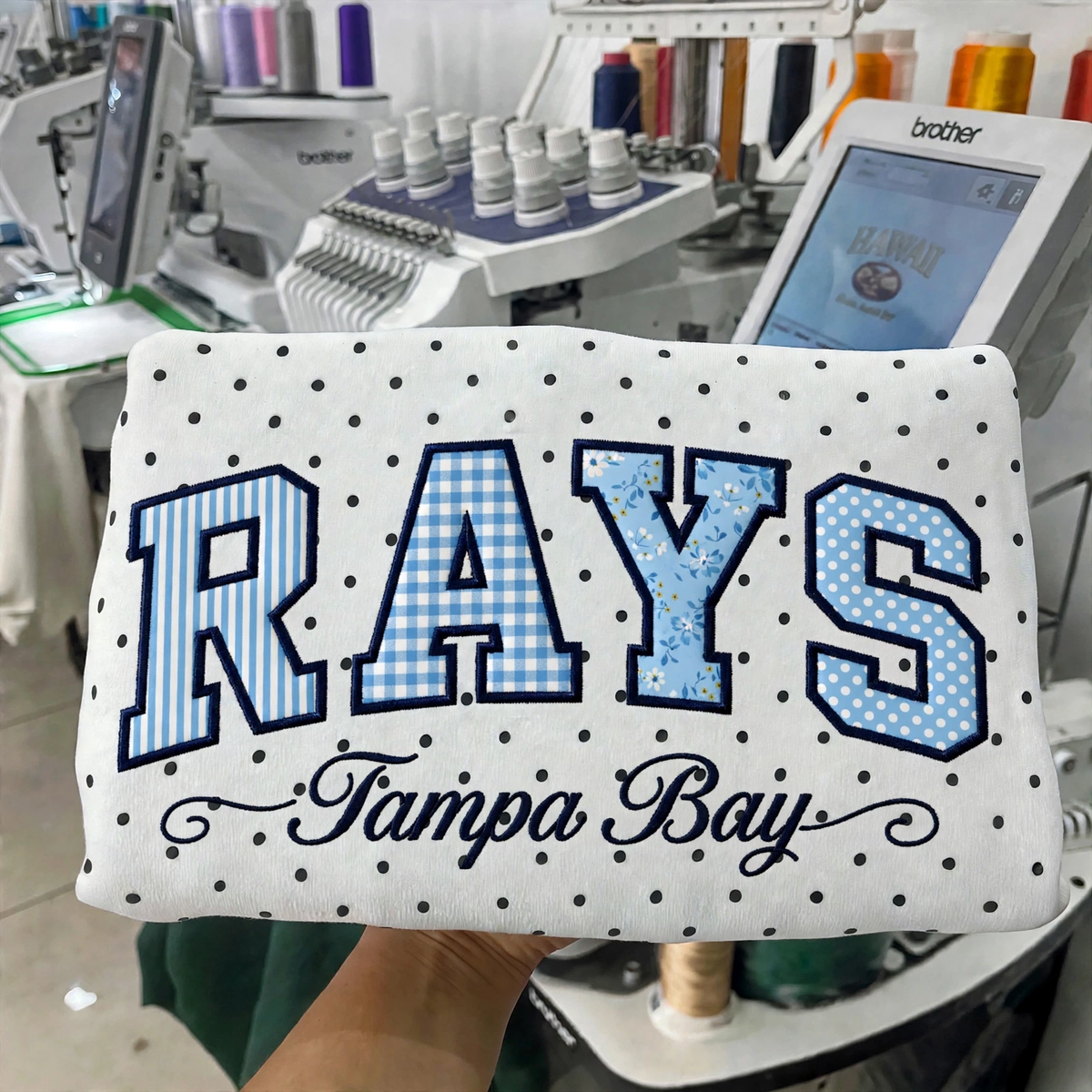 Custom Embroidered Patchwork Mix Fabric Baseball Team Polka Dot Sweatshirt | Game Day Wear