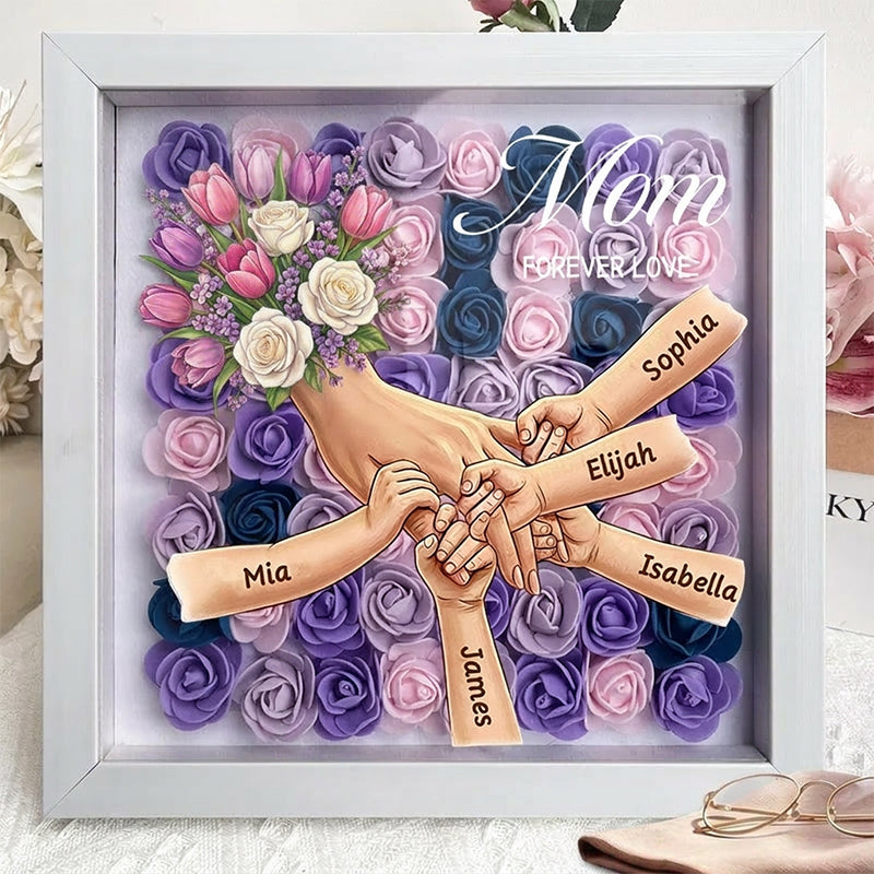 "Tulips & White Roses"-Personalized Mom Holding Hands Flower Shadow Box-Mother's Day Remembrance Frame, In Loving Memory Gift