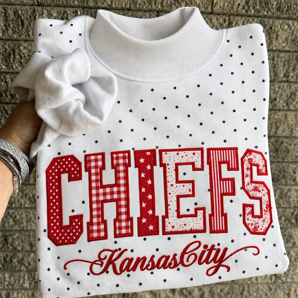 Custom Patchwork Varsity Letter Mock Neck Sweatshirt – Personalized Team & School Name Polka Dot Pullover | Game Day Wear