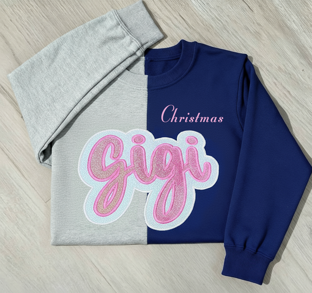 Custom Glitter Embroidered Gigi Christmas Two Tone Sweatshirt
