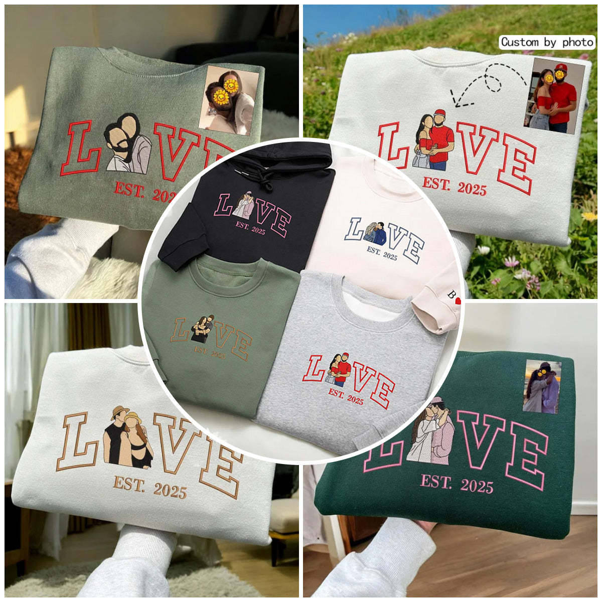 Custom Embroidered Couple Photo Portrait Hoodie With Anniversary Date | Gift For Him/Her