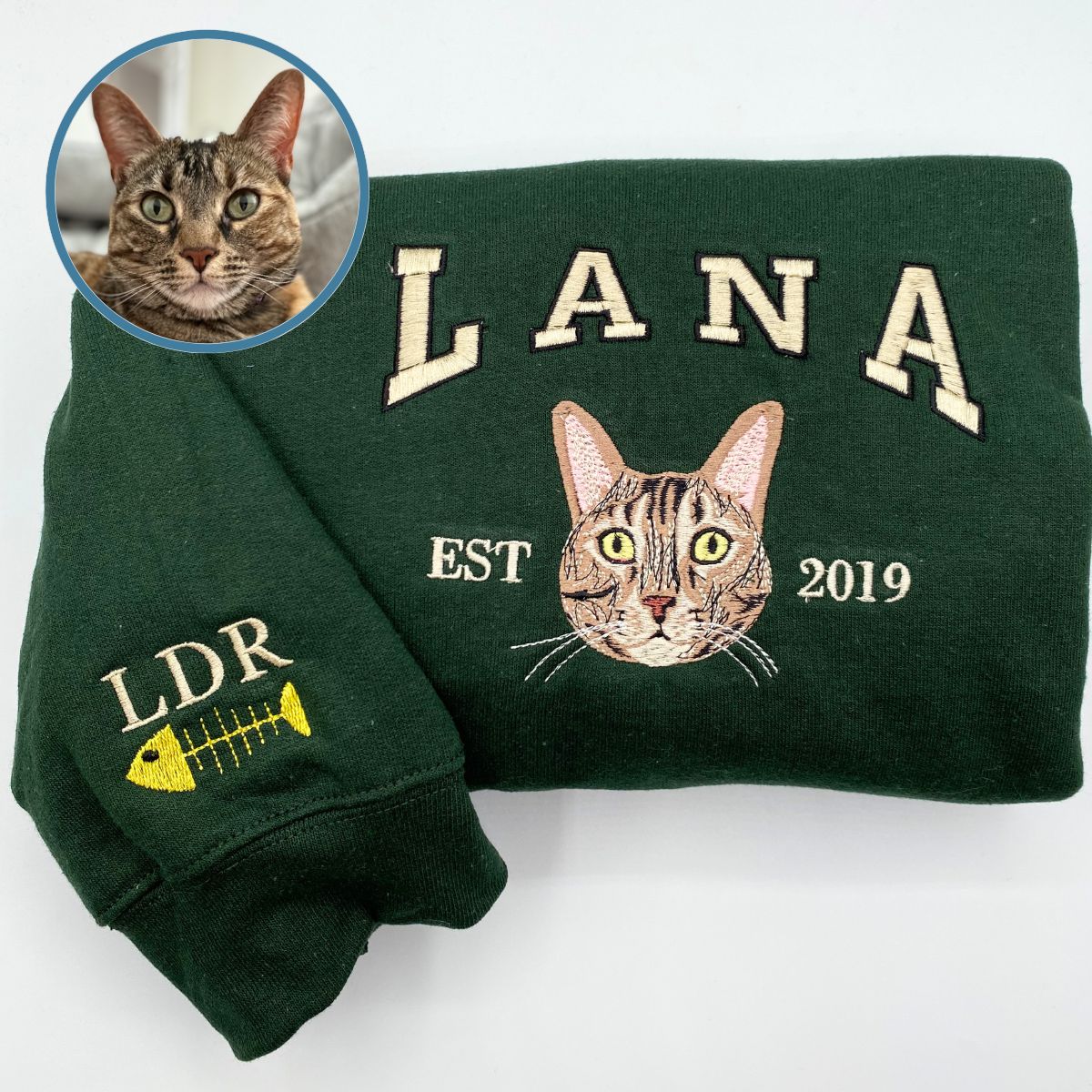 Custom Full-Color Varsity Cat Face Embroidered Sweatshirt