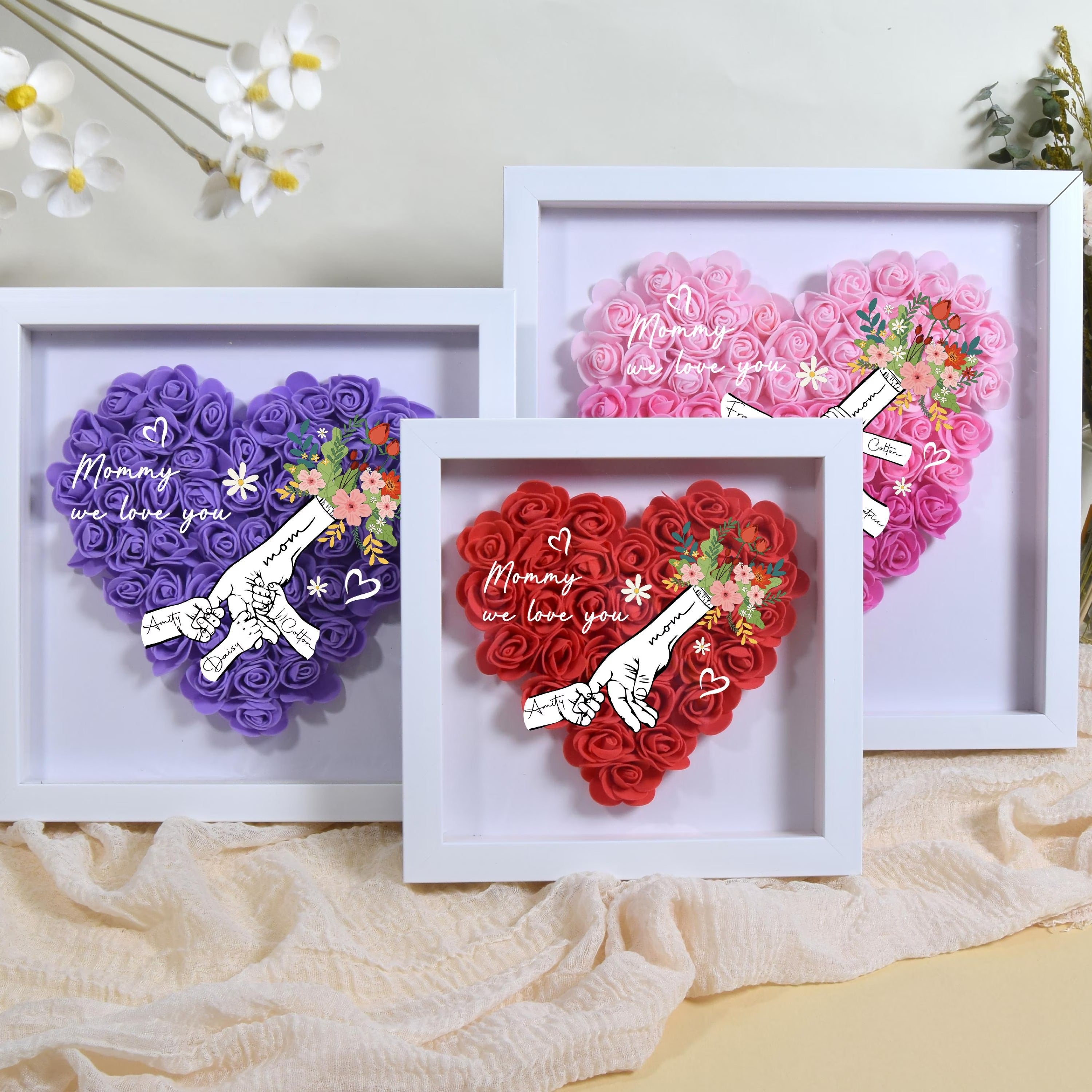 Personalized Flower Handprints Flower Shadow Box For Mom Gift – Embrolygift