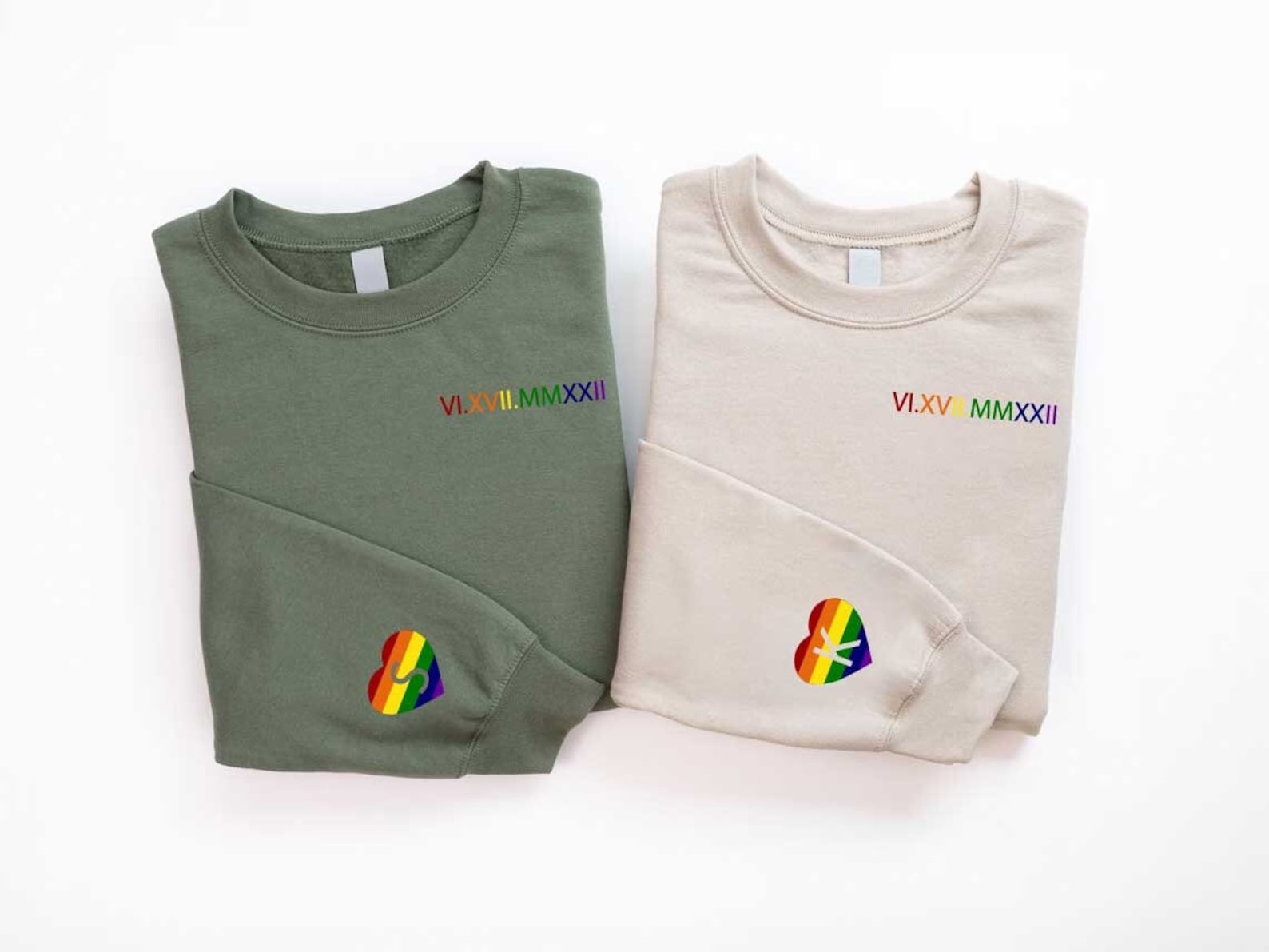 Custom Embroidered Matching Couple LGBT Roman Numeral Sweatshirt Initial On Sleeve,Personalized Lesbian Couple Sweater