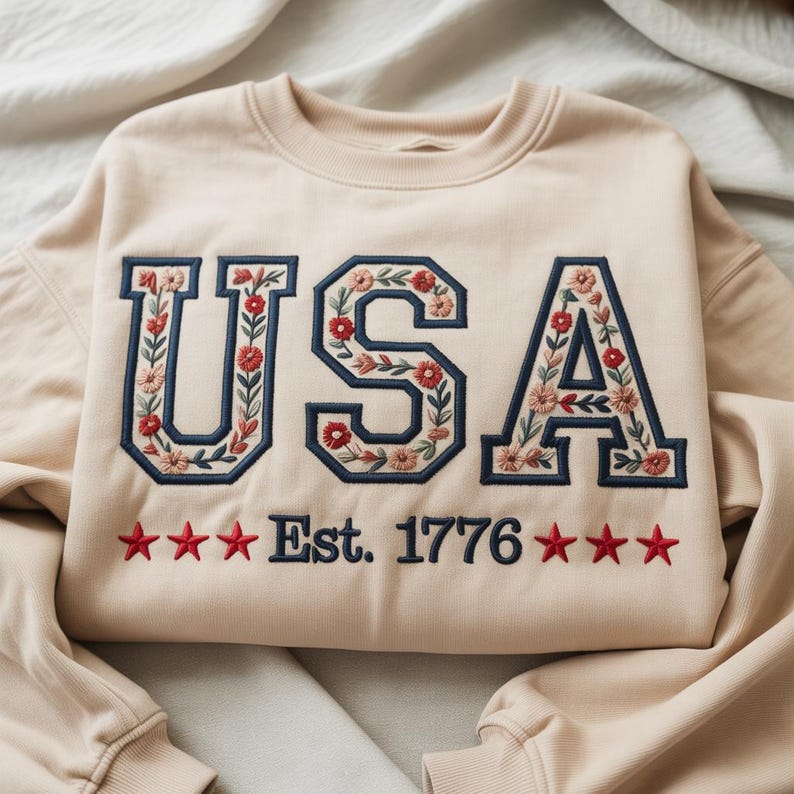 Embroidered Patriotic Floral USA 1776 Applique Sweatshirt | Independence Day Gift