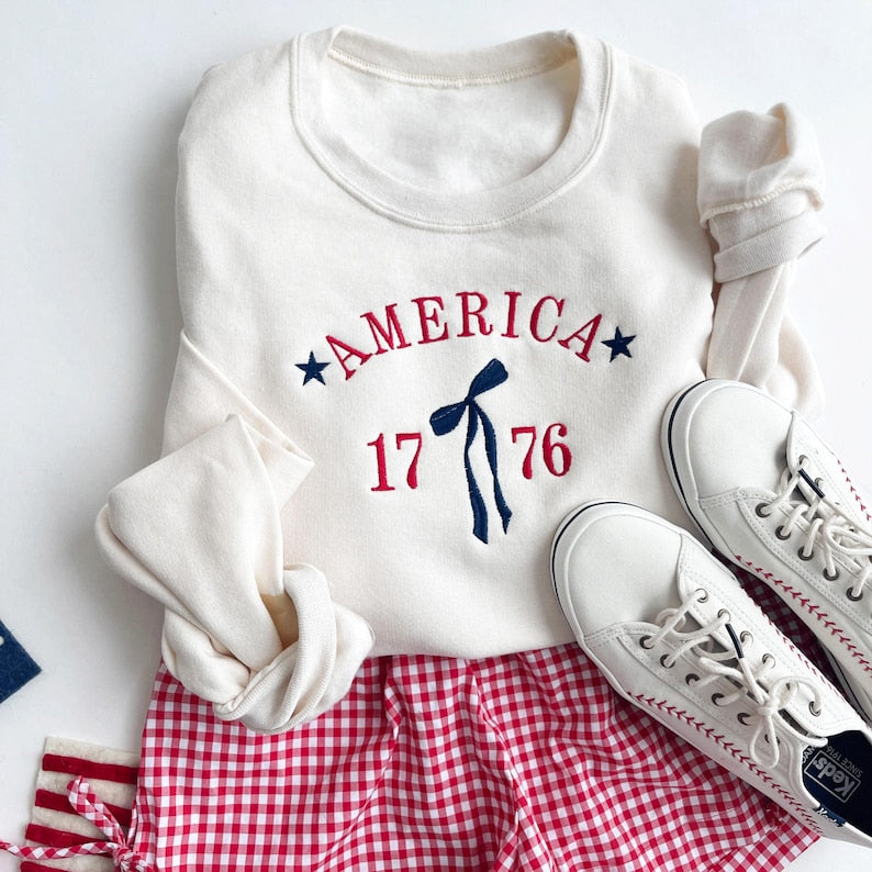 Cute Patriotic Embroidered America 1776 Bow Crewneck Sweatshirt | Independence Day Gift