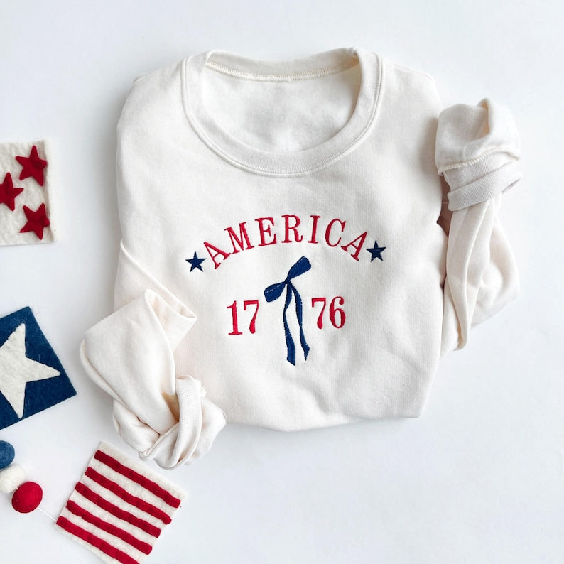 Cute Patriotic Embroidered America 1776 Bow Crewneck Sweatshirt | Independence Day Gift