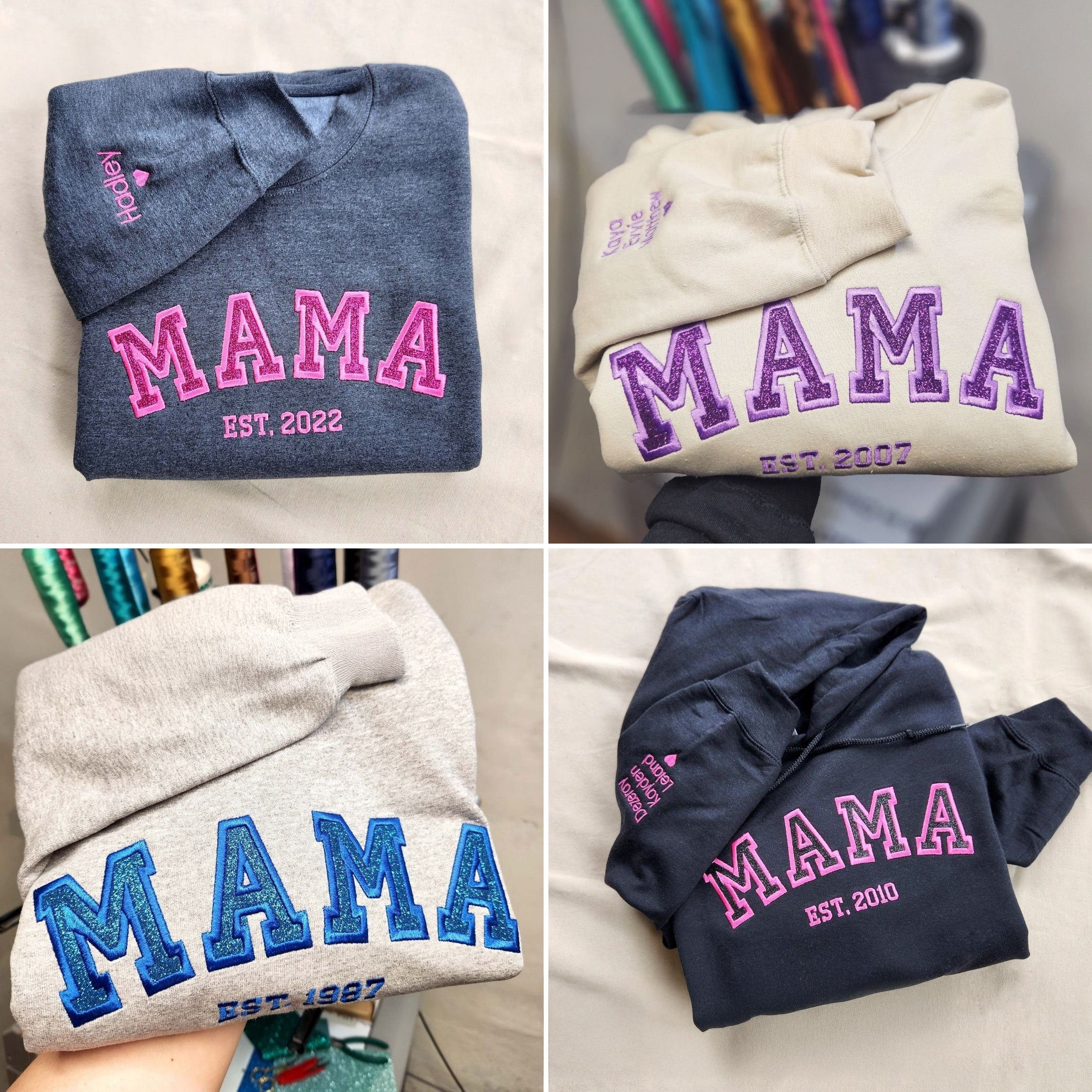Custom Embroidered Glitter Mama Sweatshirt with Kids Names on Sleeve New Mom Hoodie