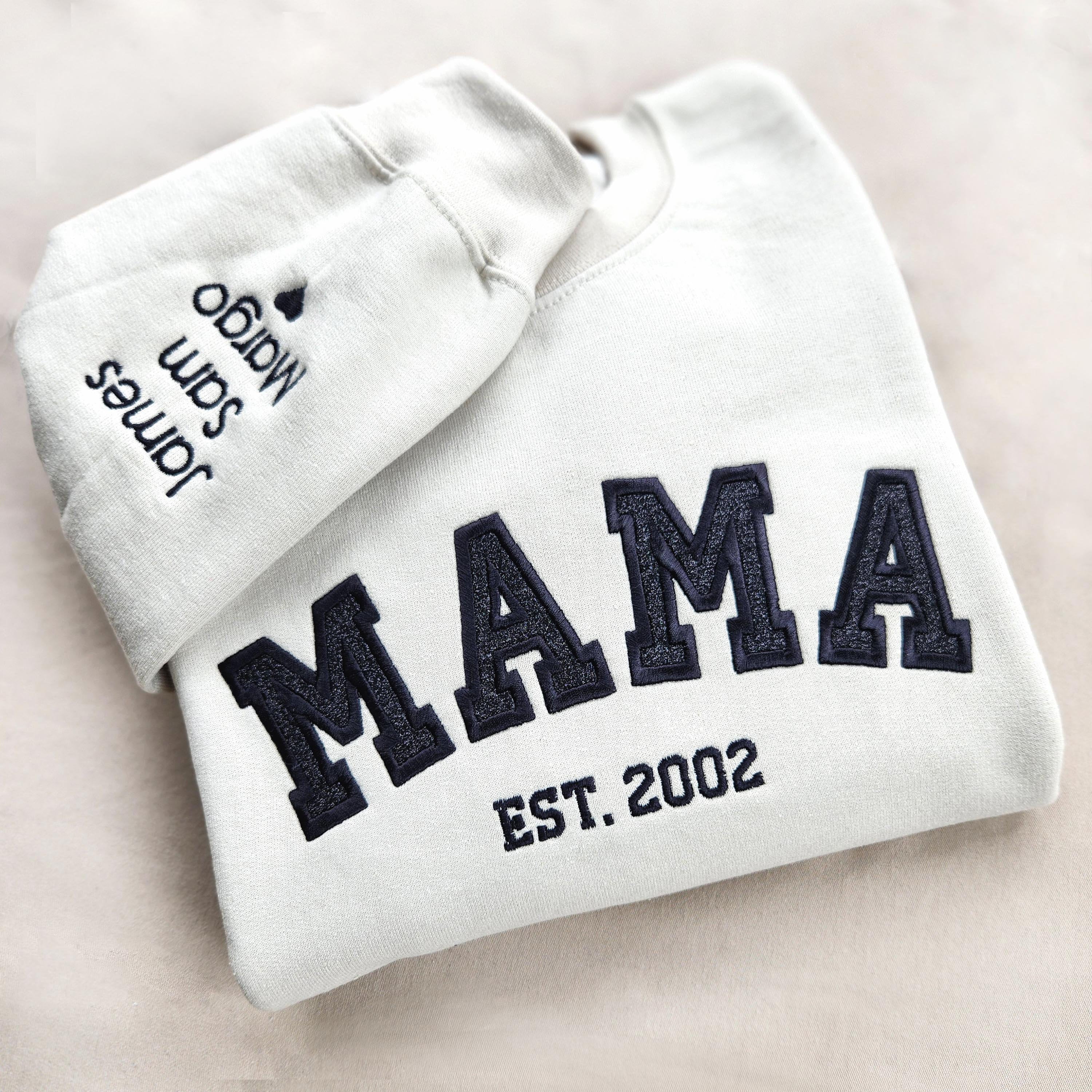 Custom Embroidered Glitter Mama Sweatshirt with Kids Names on Sleeve New Mom Hoodie