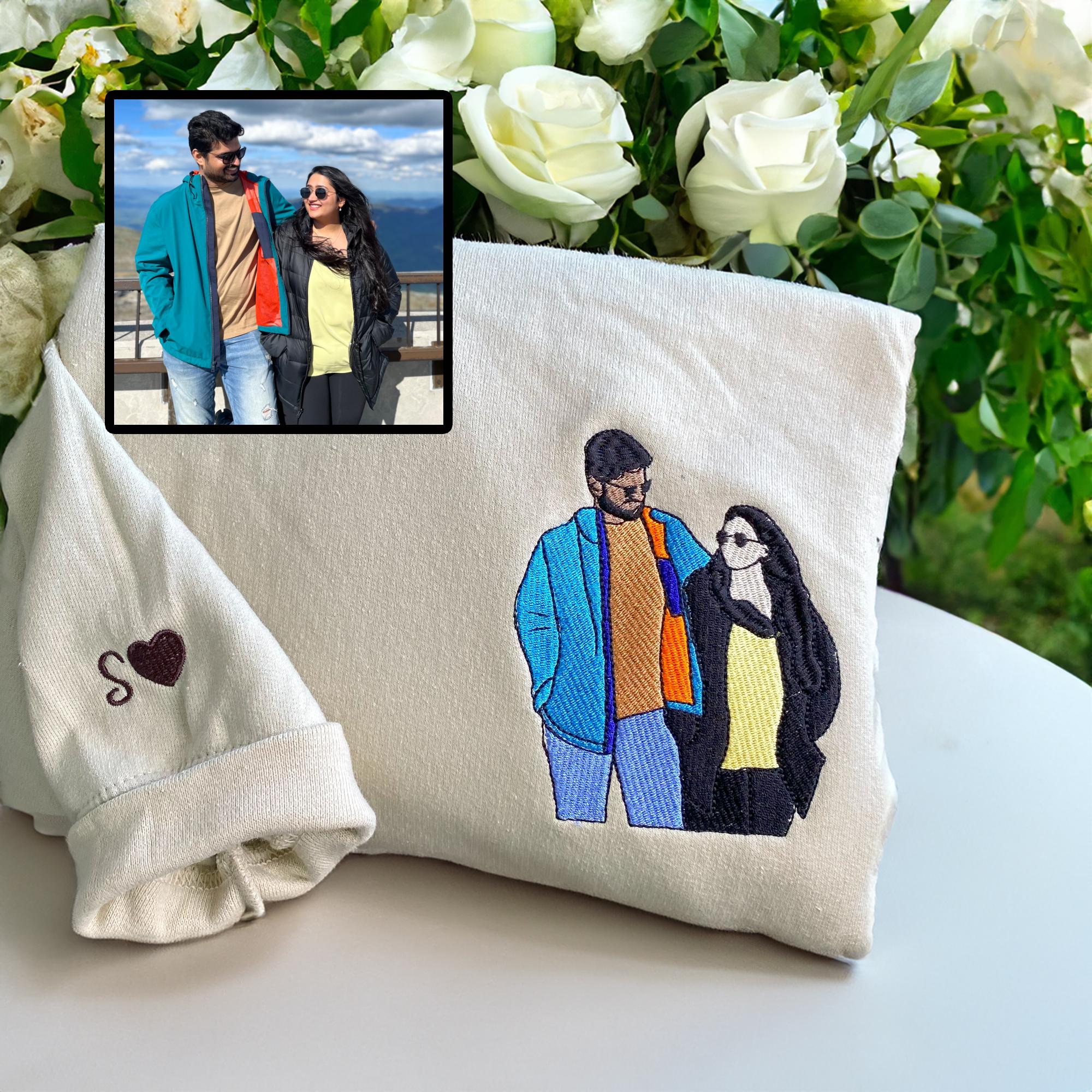 Custom Embroidered Portrait from Photo Couple Sweatshirt | Birthday Gift For Girlfriend or Boyfriend