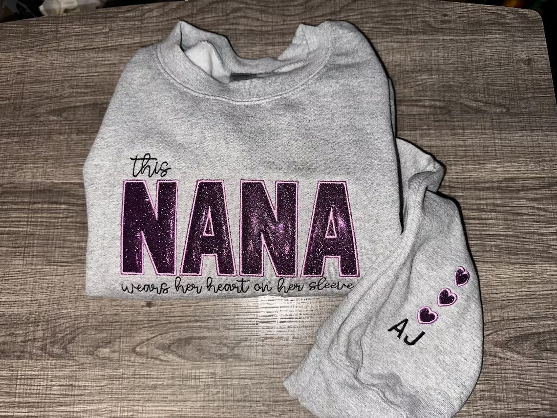 Custom Mother's Day Mom Wears Her Heart on Her Sleeves Glitter  Embroidered Sweatshirt  | for Mama and Grandma Gift