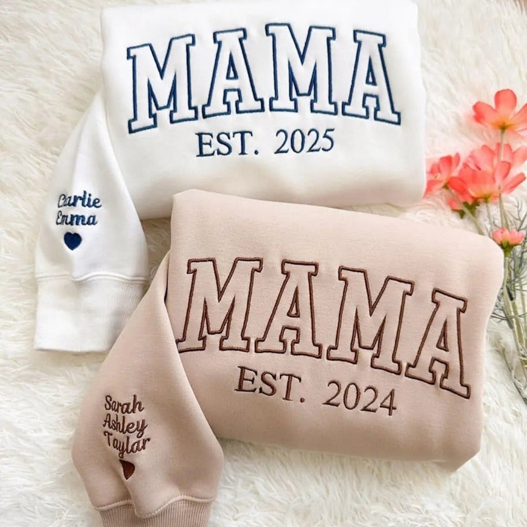 Custom Embroidered Mama Sweatshirt/Hoodie with Kids Names on Sleeve Christmas Gift