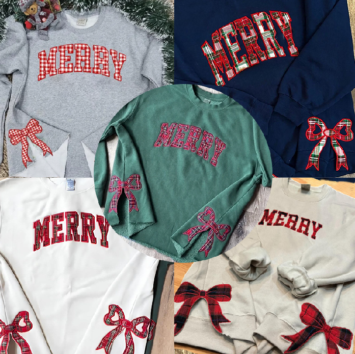 Custom Trendy Merry Side Bow Cut-Out Sweatshirt - Cozy Plaid Christmas Crewneck for Women | Christmas Gift for Mom