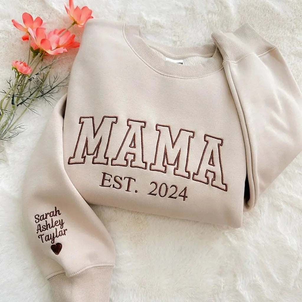 Custom Embroidered Mama Sweatshirt/Hoodie with Kids Names on Sleeve Christmas Gift