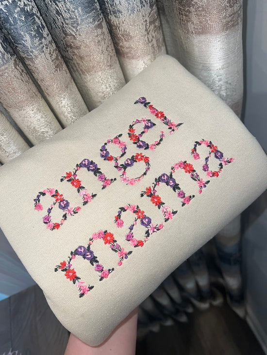 Custom Embroidered Angel Mama Floral Sweatshirt/Hoodie with Baby's Name on Sleeve | Mother's Day Gift