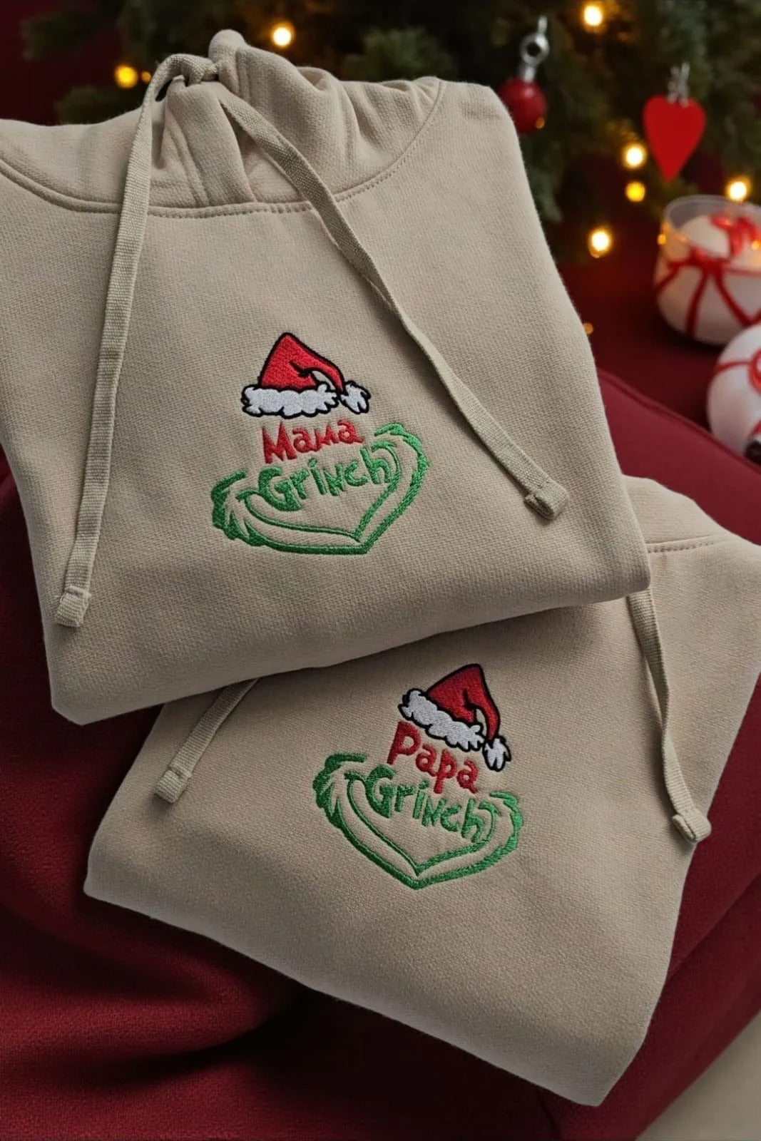 Custom Grinch Santa Hat Mama and Papa Christmas Gifts Hoodies