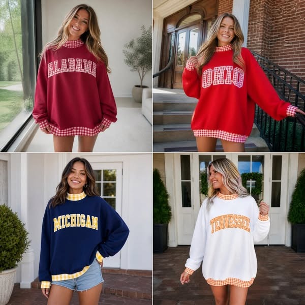 Custom Gingham Patchwork Embroidery College Team Polka Dot Check Neck Pullover | Game Day Wear