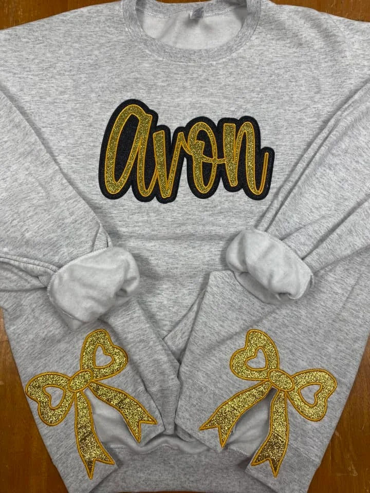 Custom Glitter School Team Mascot Embroidered Sweatshirt With Side Bow