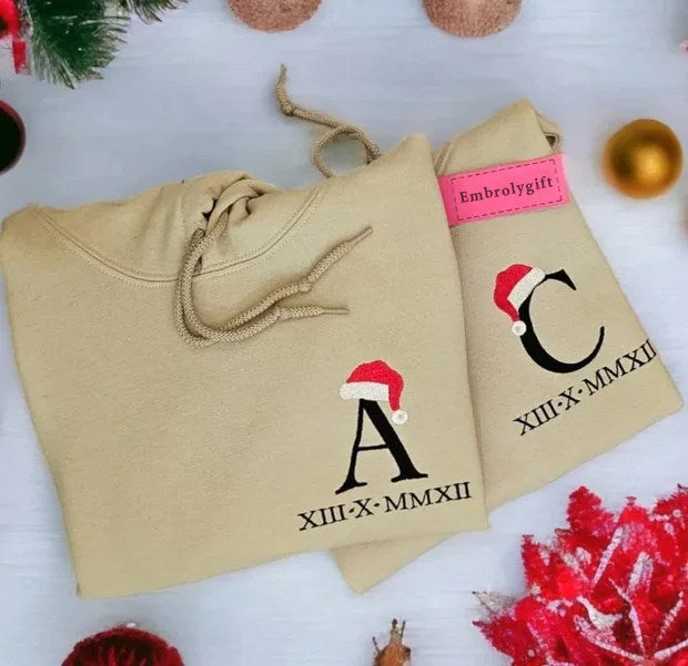Personalised Roman Numerals and Eachothers Initials Christmas Hoodie Christmas Day Couple Gifts