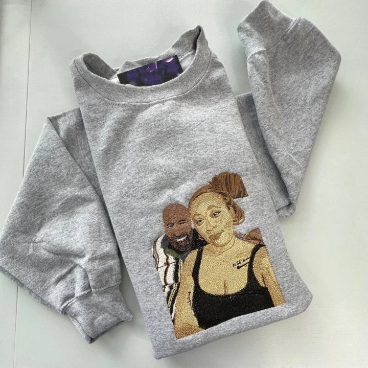 (with facial details) Custom Embroidered Portrait Sweatshirt – Personalized Photo & Roman Numerals