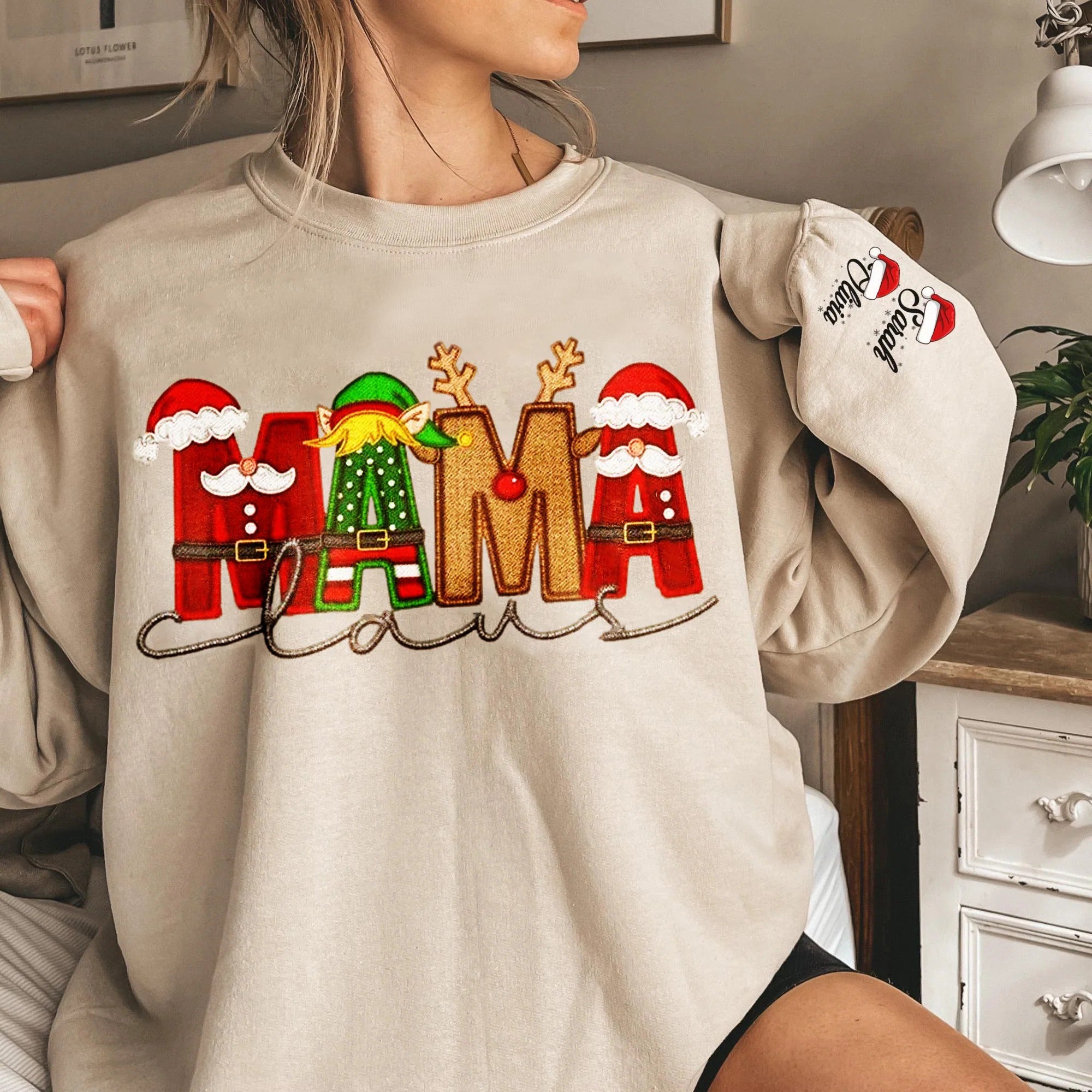 Custom Personalized Christmas Mama Claus Family Sweatshirt with Stnta Hat Name on Sleeve