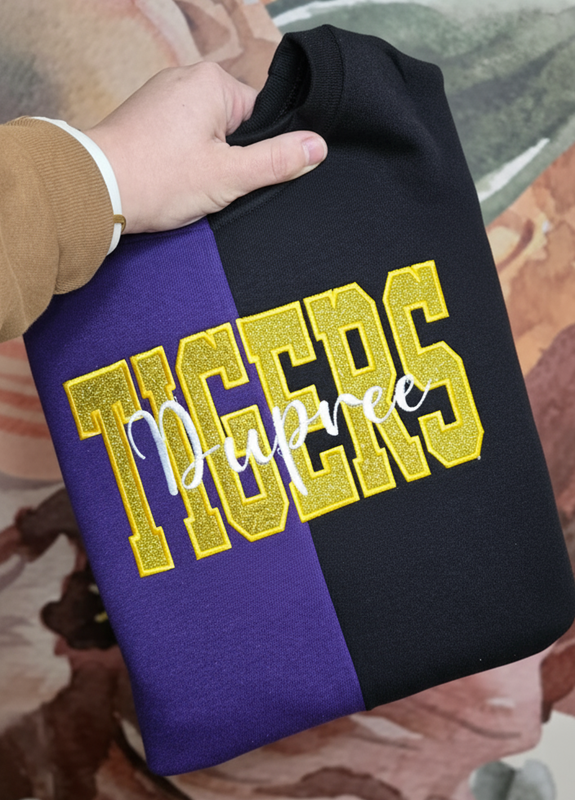 Custom Two Tone Glitter Mascot Sweatshirt School Team Split Fashion Embroidered Sweatshirt
