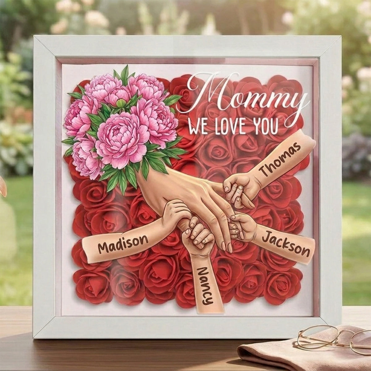 "Peony"-Personalized Mom Holding Hands  Shadow Box-Mother's Day Remembrance Frame, In Loving Memory Gift
