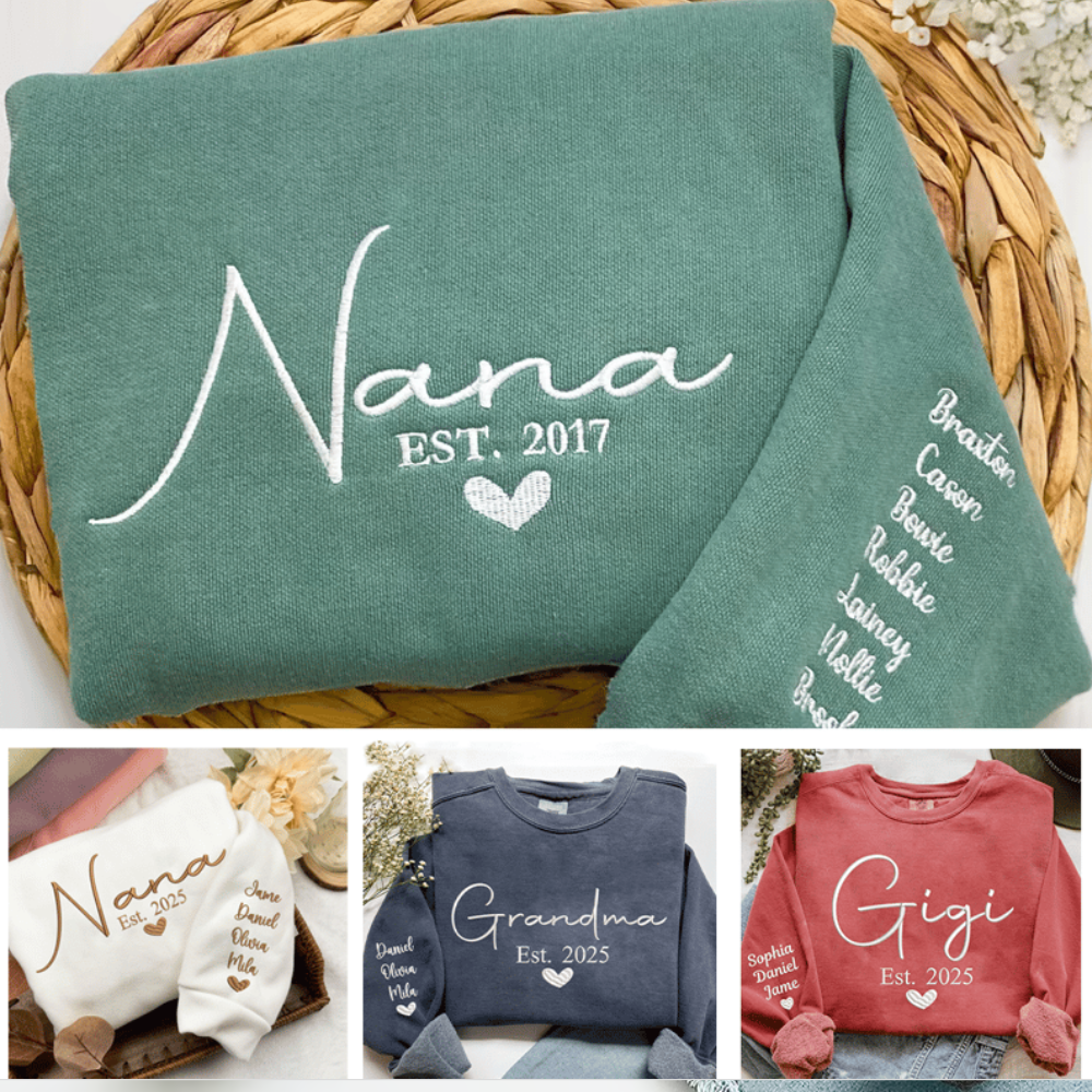 Custom Embroidered Grandma Nana Mimi Mama Sweatshirt with Est And Grandkids | Mother's Day Christmas Gifts for Mom