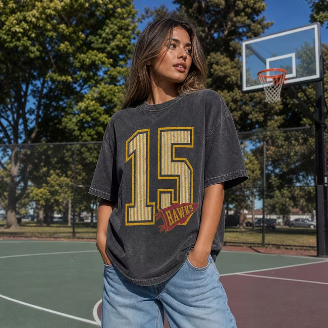 Custom Vintage Washed Sports Tee, Retro Striped Number & Team Name Oversized T-Shirt